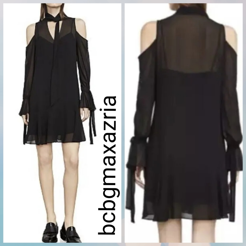 NEW WITH TAG BCBGMAXAZRIA ARIETA COLD-SHOULDER TIE-NECK RUFFLE DRESS  BCBGMAXA